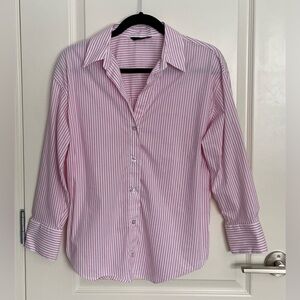 ZARA Pink White Striped Button Down Shirt Metallic Thread Oversized S